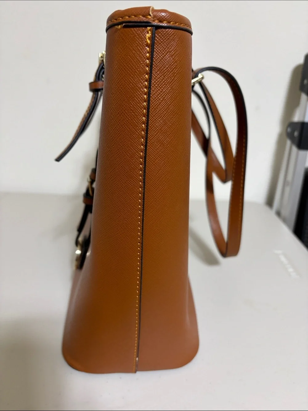 Fashion Tote Bag with Double Shoulder Strap and buckle accents Cognac